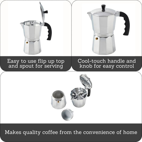 Stovetop Cast Aluminum 9 Cup Moka Pot Coffee Maker with cool-touch handle, flip top, side pour spout, compact design