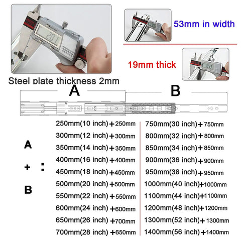 Heavy Duty 50 Inch Drawer Slide Rails Set With Full Extension Ball Bearing Runners and dimensions