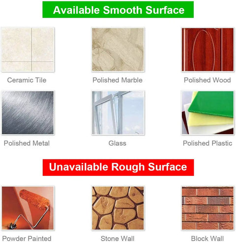 Image showing surfaces suitable for Heavy Duty Suction Cup Hooks Six Pack, including tile, marble, and glass, and unsuitable surfaces.