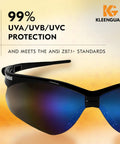 Kickass Worksite Safety Glasses Featuring Slick Blue Mirror Coated Lenses And Heavy Duty Black Frames angled view with UVA/UVB/UVC protection