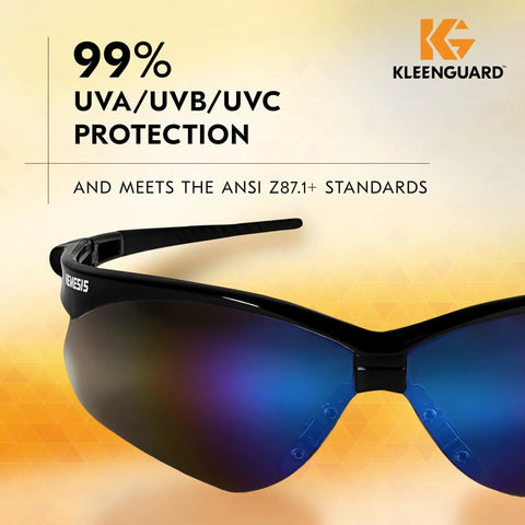 Kickass Worksite Safety Glasses Featuring Slick Blue Mirror Coated Lenses And Heavy Duty Black Frames angled view with UVA/UVB/UVC protection