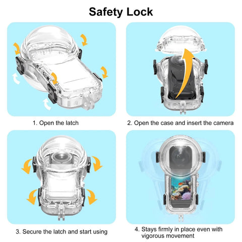 60M Underwater Case For X5 Action Camera, Waterproof Housing With Ultra Clear PMMA Lens, step-by-step safety lock instructions