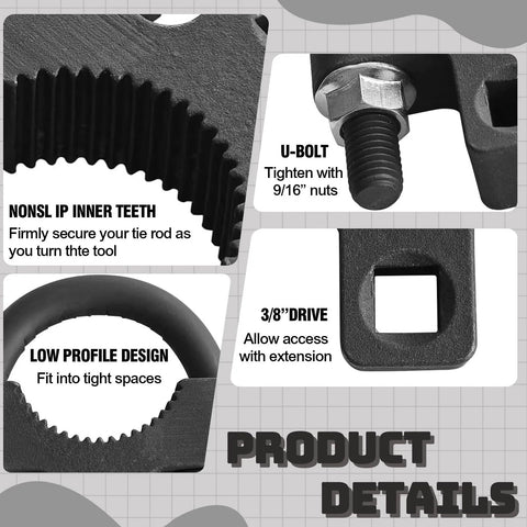 Inner tie rod removal tool, carbon steel with non-slip inner teeth, low-profile design, 3/8-inch drive