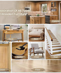 No Hassle Wood Floor And Furniture Repair Kit With Heat Acting Wax Pen Plus Eleven Rich Match Shades To Totally Smooth Over Scratches Scuffs And Gouges On Laminate Hardwood - Various wood furniture and flooring restoration images.