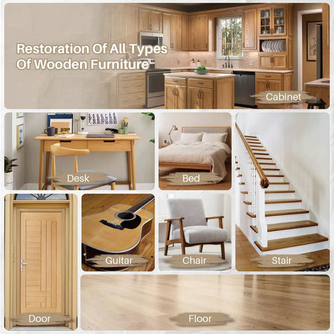 No Hassle Wood Floor And Furniture Repair Kit With Heat Acting Wax Pen Plus Eleven Rich Match Shades To Totally Smooth Over Scratches Scuffs And Gouges On Laminate Hardwood - Various wood furniture and flooring restoration images.
