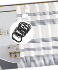 30 Pack Oval Shower Curtain Hooks Black Rustproof Metal Rings With Smooth Glide shown with striped bathroom curtain