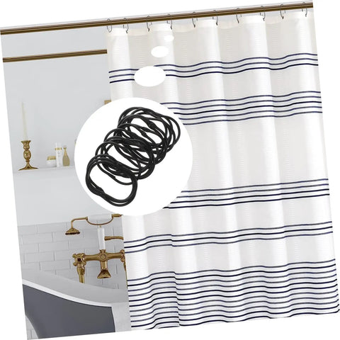30 Pack Oval Shower Curtain Hooks Black Rustproof Metal Rings With Smooth Glide shown with striped bathroom curtain