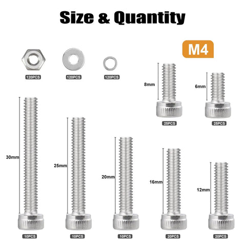 480 Piece M4 Screws Assortment Kit For 3D Printer And DIY Projects With Hex Socket Head Cap Screws In 6mm 8mm 12mm 16mm 20mm 25mm 30mm, Includes Nuts, Lock Washers And Flat Washers, Made Of 304 Stainless Steel displayed with sizes.
