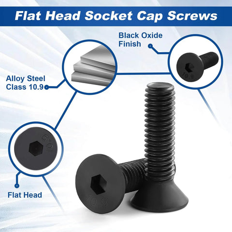 M3 0.5 X 10mm Flat Head Socket Cap Screws Countersunk Bolts Alloy Steel Class 10.9 Black Oxide Finish DIN 7991 Fully Threaded