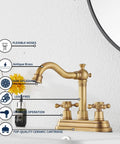 Antique Brass Two-Handle Four Inch Centerset Bathroom Faucet With 360 Degree Swivel High Arc Spout Includes Drain Assembly