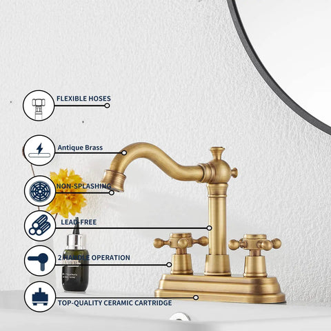 Antique Brass Two-Handle Four Inch Centerset Bathroom Faucet With 360 Degree Swivel High Arc Spout Includes Drain Assembly