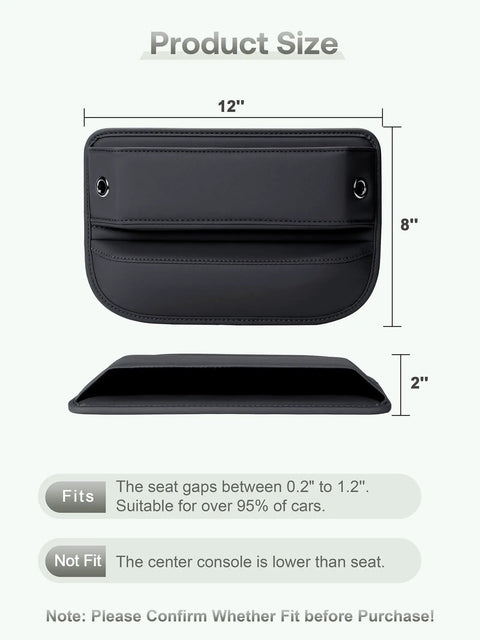 Premium Leather Car Seat Gap Filler Organizer With Flexible Anti Drop Edge and Smart Compartment Design, dimensions 12x8x2 inches.