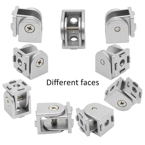 Multiple angles of 4 Piece Black 2020 Aluminum Extrusion Pivot Hinge Swivel Angle Bracket With Handle For 20 Series 20x20 hardware kit.