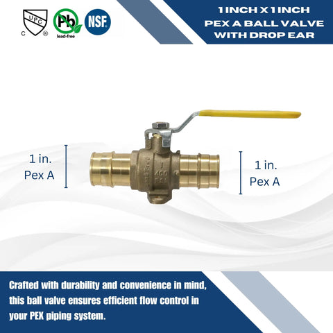 5 Piece Set 1 Inch PEX A Expansion Ball Valve With Drop Ear showing dual PEX A connections and brass construction.