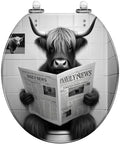 Toilet Seat Round Resin for Farmhouse featuring a cow reading newspaper in black and white, adding a farmhouse touch.