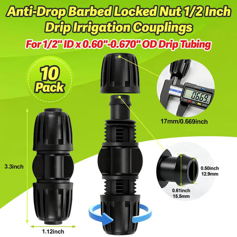 Half Inch Drip Irrigation Barbed Locking Coupler Set Ten Pieces No Leak Straight Fittings For One Half Inch Tubing.