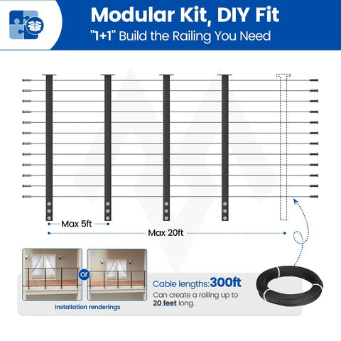 Diagram of Side Mount Cable Railing Kit For Decks 15 To 20 Feet Adjustable Length 42 Inch Posts with cable lengths example