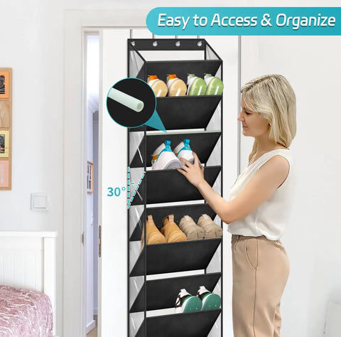 Woman adjusting black over-the-door shoe organizer with deep pockets holding 20 pairs, hanging on a closet door, tall 71 inch hanger.
