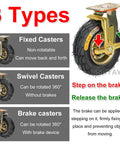 Set Of Four Heavy Duty Industrial Pneumatic Caster Wheels With Brakes showcasing fixed, swivel, and brake caster types with details.