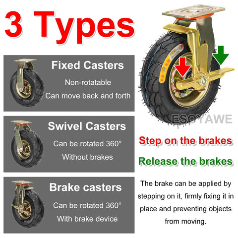 Set Of Four Heavy Duty Industrial Pneumatic Caster Wheels With Brakes showcasing fixed, swivel, and brake caster types with details.