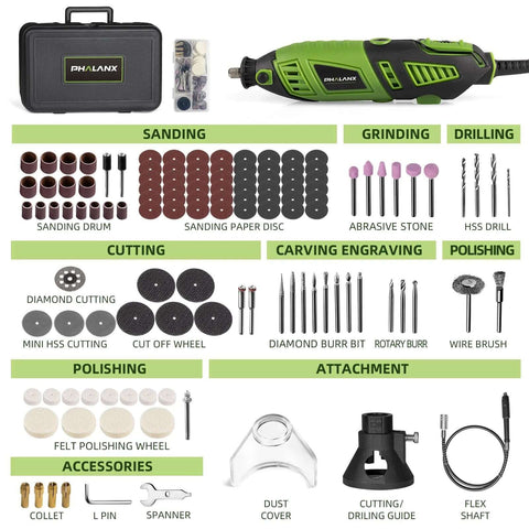 PHALANX 180W rotary tool kit with flex shaft and 139 accessories in a carry case.