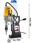 Built Tough Portable Magnetic Drill Press, 1100 Watt Electric Core Driller showcases its 14.2in height and heavy-duty design for steel drilling.