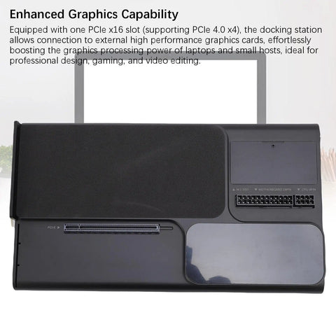 Next Level Thunderbolt E GPU Docking Station For Laptops Featuring PCIe 4.0 X4 Graphics Expansion close-up of PCIe slot and connectivity ports.