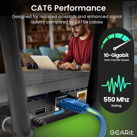 Man using laptop with Cat6 CCA Ethernet Cable 100 Feet Blue For Home Office Network UTP LAN Internet Cord plugged into router