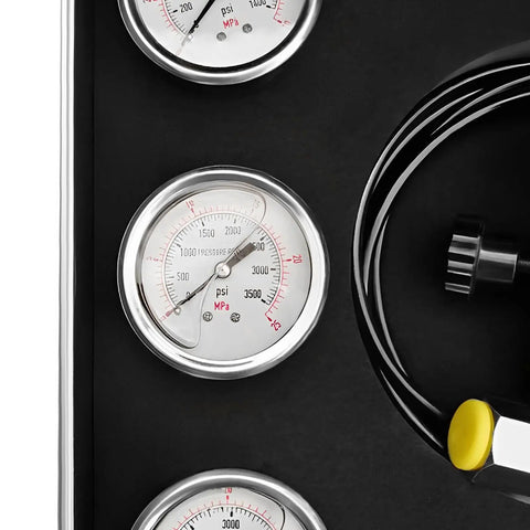 Close-up of gauges and hose from Pro Grade 3 Gauge Hydraulic Accumulator Nitrogen Fill Kit With Multi Adapter And Six Couplings
