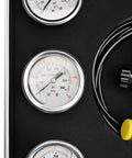 Close-up of pressure gauges on Beefed Up Pro Grade Heavy Duty Hydraulic Pressure Test Kit With Nitrogen Accumulator, showing 45 steel build.