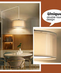 Plug In Pendant Light With 15 Foot White Cord And On Off Switch Double Linen Shade Fabric Design hanging in dining area