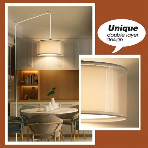 Plug In Pendant Light With 15 Foot White Cord And On Off Switch Double Linen Shade Fabric Design hanging in dining area