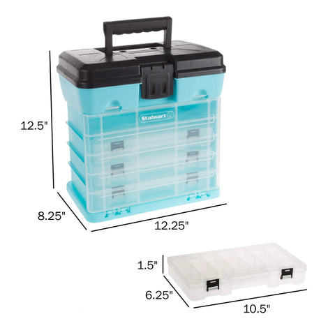 Portable Tool Box With Removable Drawers And Customizable Compartments For Hardware Tackle Beads And Crafts A Handy Grab And Go Organizer For Home Shop And Field Light Blue with dimensions.