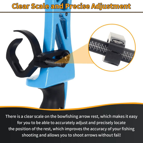 Close-up of adjustable Aluminum Bowfishing Arrow Rest with clear scale, semi-open design for compound and recurve bows.