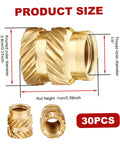 One Fourth Threaded Brass Knurled Heat Set Inserts Kit, 30 Pack, close-up of brass insert showing dimensions and knurled texture