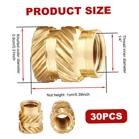 One Fourth Threaded Brass Knurled Heat Set Inserts Kit, 30 Pack, close-up of brass insert showing dimensions and knurled texture