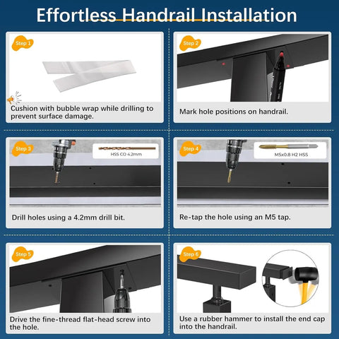 Kickass Black Stainless Steel Handrail For Cable Railing System 6 Foot 6 Inch Length Two Pack Heavy Duty Metal Grip Rail installation steps