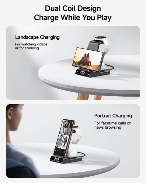 3 In 1 Wireless Charging Station For Galaxy Phones Watches And Buds With Dimmable Digital Clock showing dual coil design