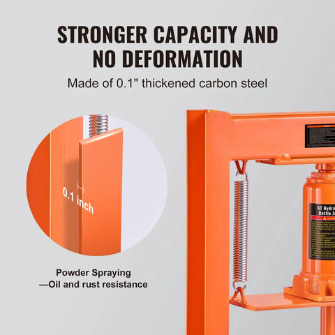 Heavy Duty 6 Ton H-Frame Hydraulic Shop Press For Garage Use showing 0.1 inch thickened carbon steel structure and details.