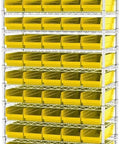 Heavy Duty Plastic Shelf Bins For Garage, Closet And Drawers, 18 X 6.5 X 4 Inches, Yellow Storage Bins, 12 Pack on metal rack