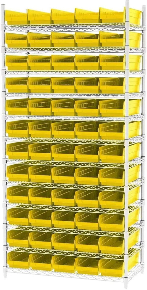 Heavy Duty Plastic Shelf Bins For Garage, Closet And Drawers, 18 X 6.5 X 4 Inches, Yellow Storage Bins, 12 Pack on metal rack