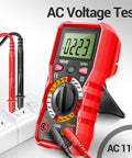 Digital Multimeter With Protective Case For Home And Auto Electrical Testing measuring AC voltage, red device with probes inserted in a socket