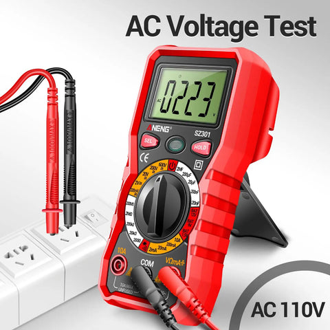 Digital Multimeter With Protective Case For Home And Auto Electrical Testing measuring AC voltage, red device with probes inserted in a socket