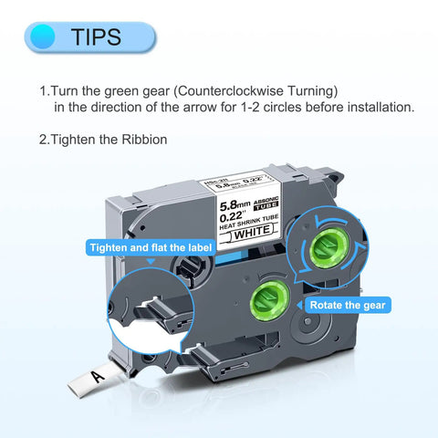 Three Pack Heat Shrink Label Tape features smooth peeling and rock solid grip with visible installation tips and gear details.