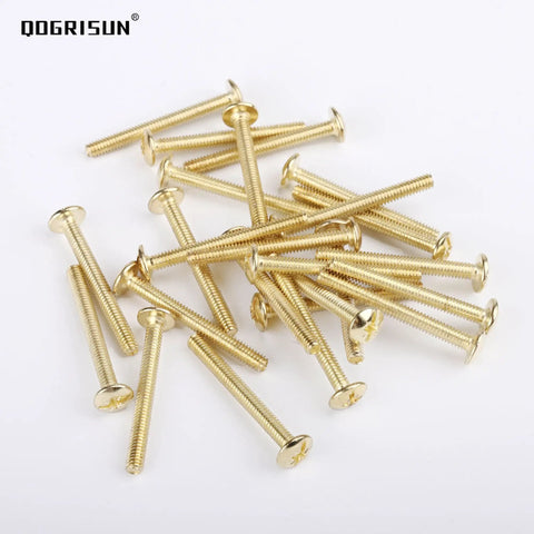 Hella Durable 25 Pack Eight Thirty Two By One Point Seven Five Truss Head Machine Screws Premium Brass Plated Steel for cabinet knobs, showing slotted drive and truss head design.