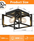Super Sleek Modern Industrial Black Metal Rectangle Two Light Flush Mount Ceiling Light Fixture with dimensions and features.