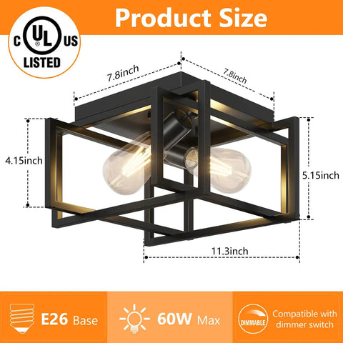 Super Sleek Modern Industrial Black Metal Rectangle Two Light Flush Mount Ceiling Light Fixture with dimensions and features.