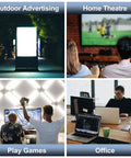 Collage showing digital signage, home theater setup, gaming, and office workstations with screens.