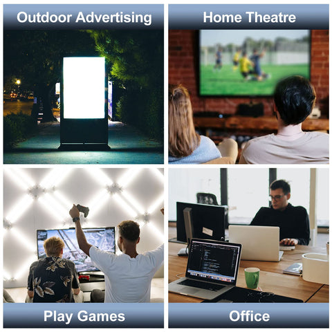 Collage showing digital signage, home theater setup, gaming, and office workstations with screens.