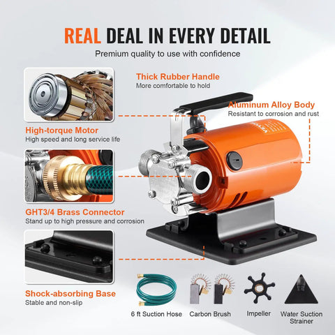 Portable Electric Water Transfer Pump 360 GPH 46 Ft Max Head 115V Utility Pump With Hose Kit shown with aluminum body and rubber handle.